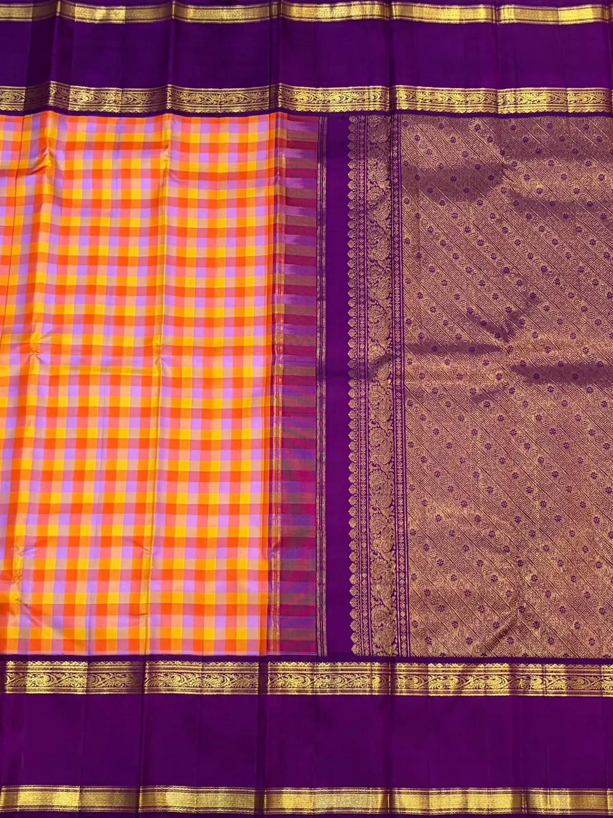 Sunset Kattam Korvai Contrast Kanchipuram Silk Saree